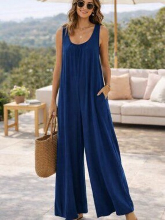 J. Jill Pants - J. Jill Navy Blue Wide Leg Knit Jumpsuit Sleeveless Pockets Large